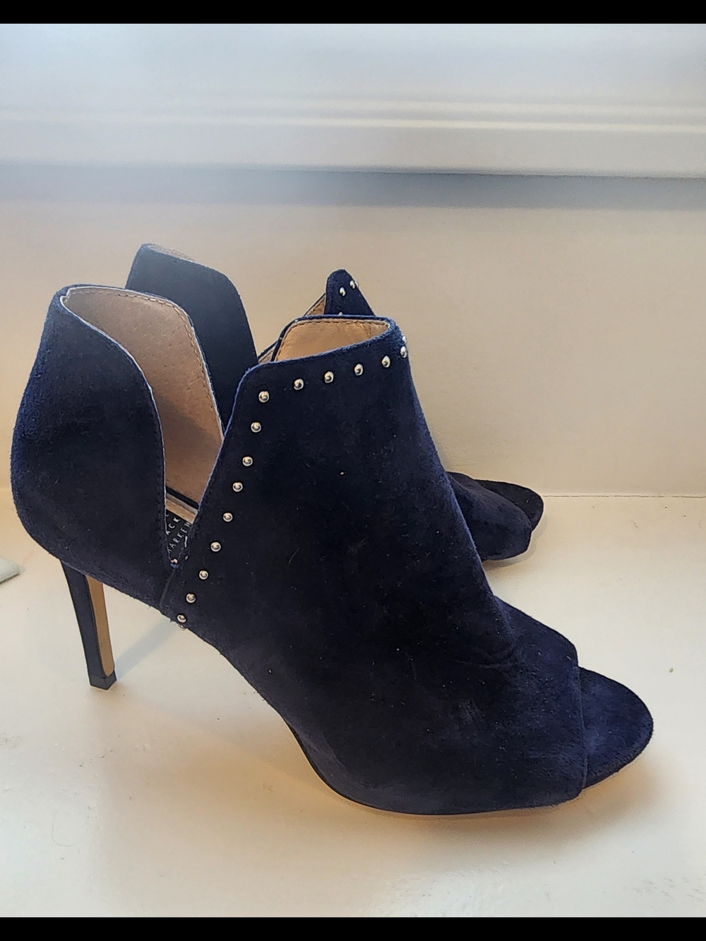 White House Black Market Navy Suede Open-Toe Studded High Heels
